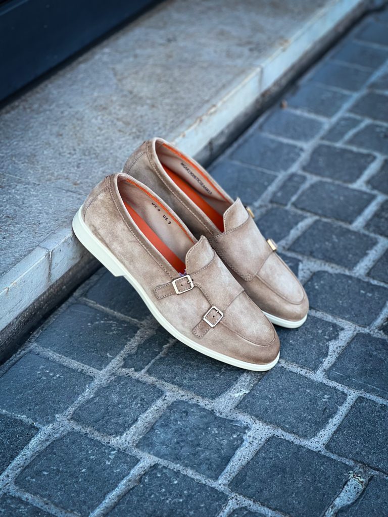 Santoni Double Buckle Beige Suede